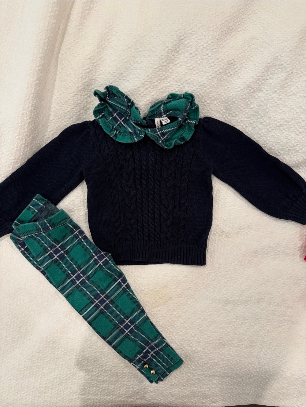 Girls Navy Cable Knit Sweater with Green Plaid Trim - Janie and jack
